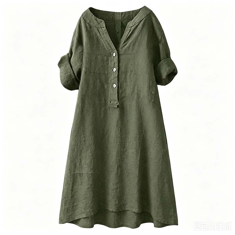 Women's Casual V-Neck Button Down Tunic Dress