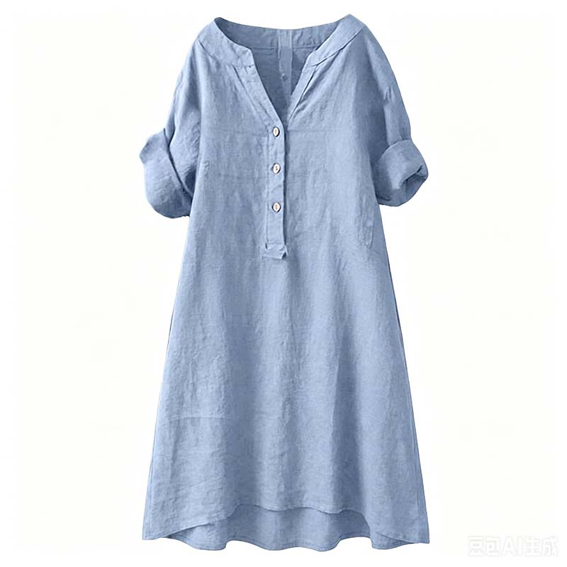 Women's Casual V-Neck Button Down Tunic Dress