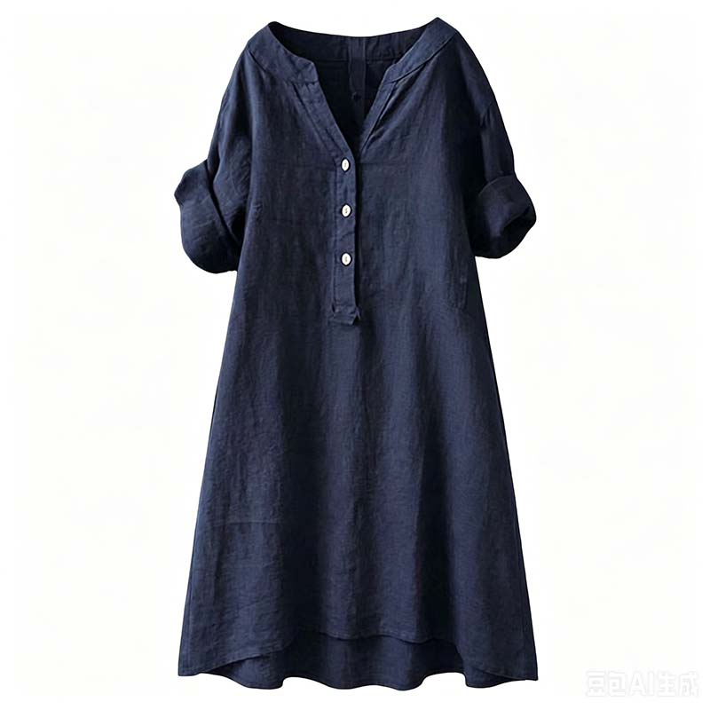 Women's Casual V-Neck Button Down Tunic Dress