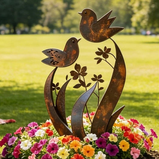 Rustic Bird & Flower Metal Garden Stake