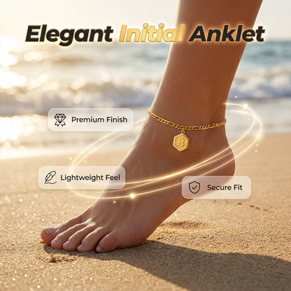 Gold Initial Anklet with Figaro Chain – Personalized letter, tarnish-resistant & adjustable length 👣