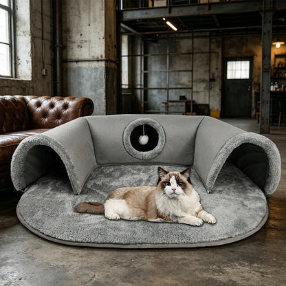 🐱 Plush 2-in-1 Cat Tunnel Bed