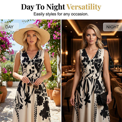 Women's Floral Print V-Neck Twisted Waist Maxi Dress