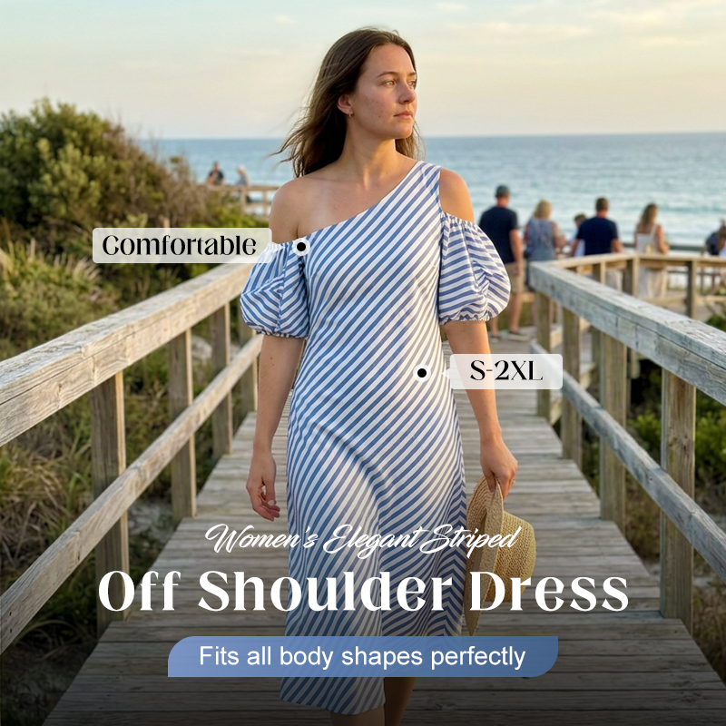 👗  Women's Striped Off Shoulder Dress – Elegant, Flowy, Summer Chic 🌊