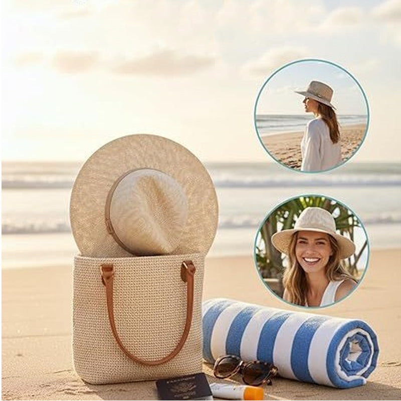 💥☀️Women’s Foldable Knit Fedora Sun Hat👒Breathable Lightweight Packable Wide Brim Beach Sun Hat✨