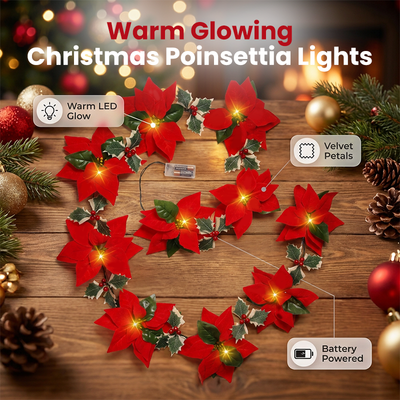 😍 🎄 Poinsettia Flower String Lights – 2M Warm LED Garland with Red Flowers & Holly Leaves