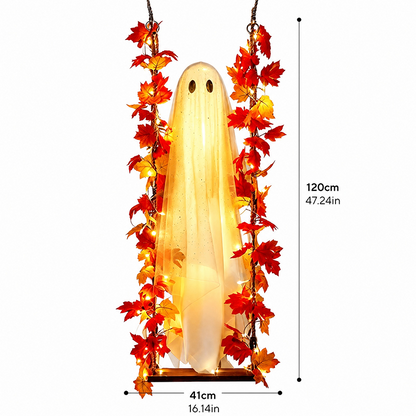 👻Hanging Halloween Ghost on Swing with Remote LED and Maple Leaves