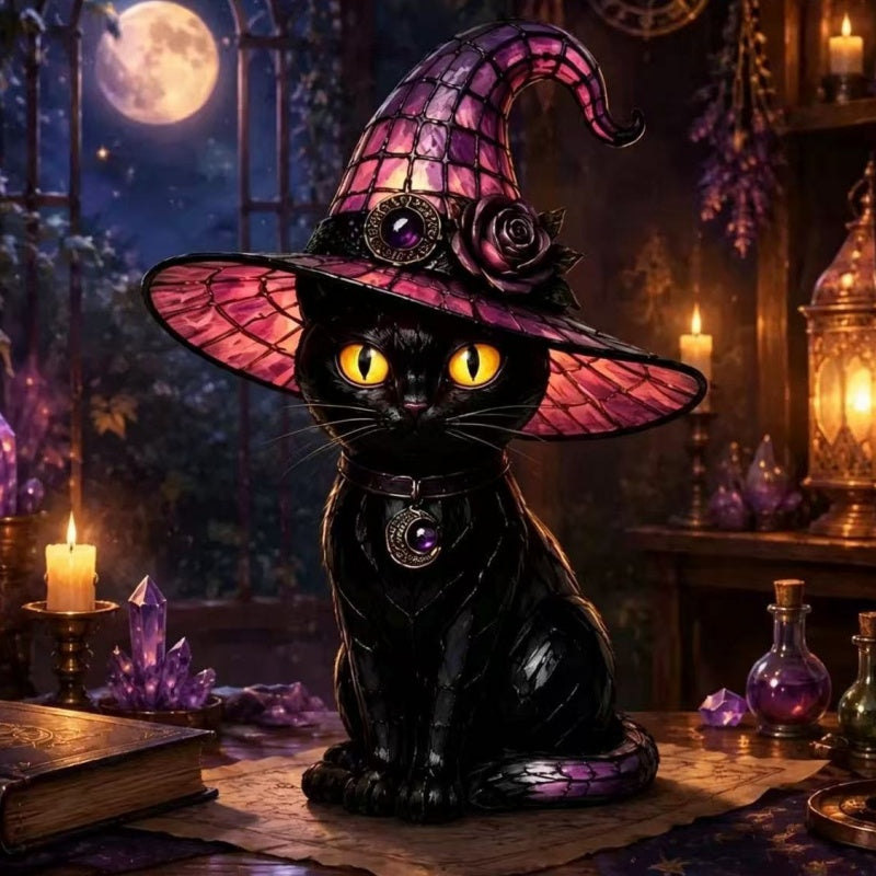 💥 Gothic Halloween Witch and Cat Table Lamp