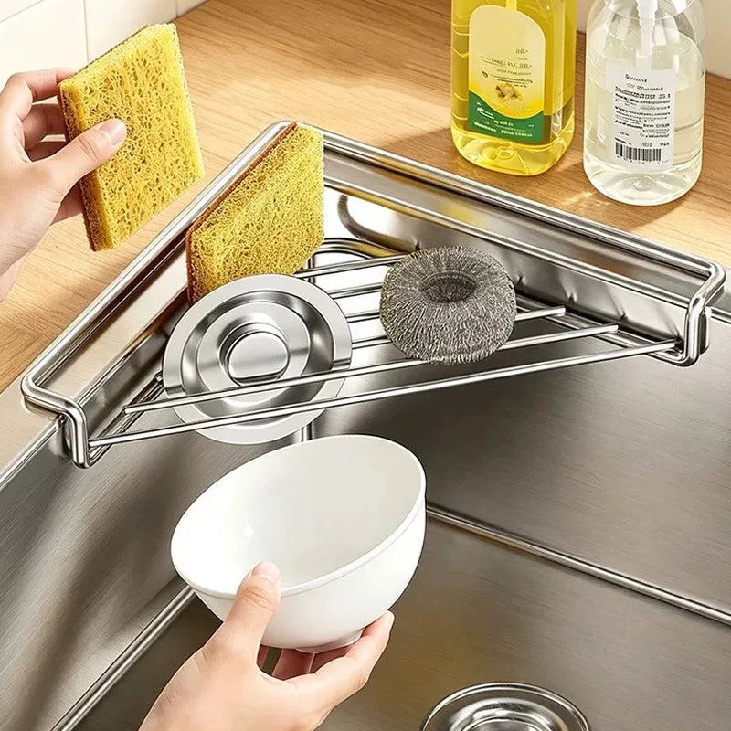 🧽 No More Slimy Sponges – Stainless Steel Corner Rack with Fast-Drain Tray. Keeps Counters Dry. UK Stock
