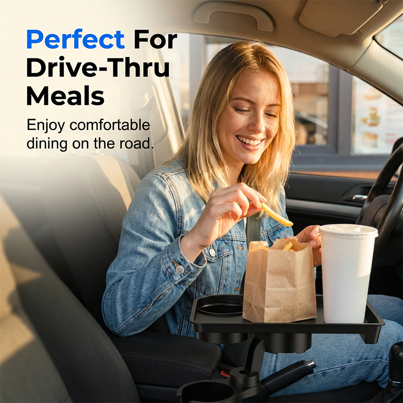 🚗 Car Cup Holder Expander with Detachable Tray – 360° Rotatable Food Table & Dual Cup Holder