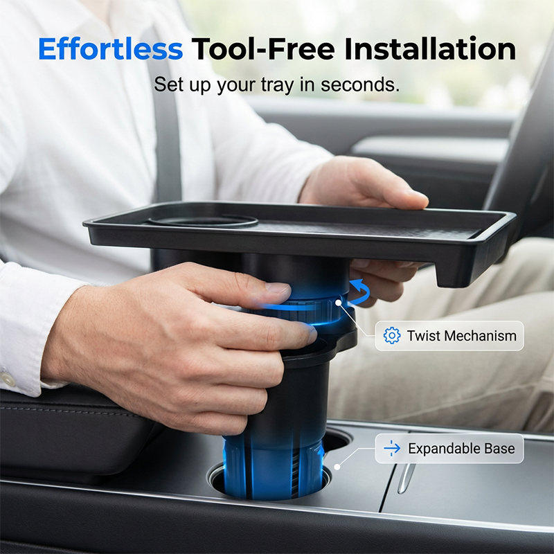🚗 Car Cup Holder Expander with Detachable Tray – 360° Rotatable Food Table & Dual Cup Holder