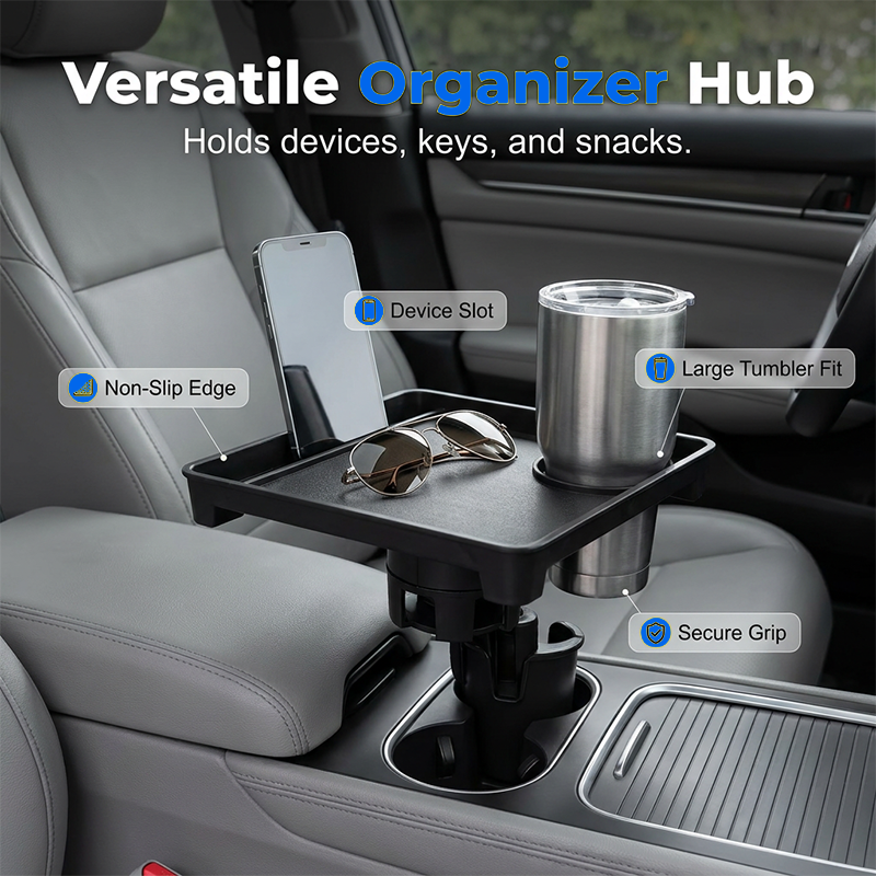 🚗 Car Cup Holder Expander with Detachable Tray – 360° Rotatable Food Table & Dual Cup Holder
