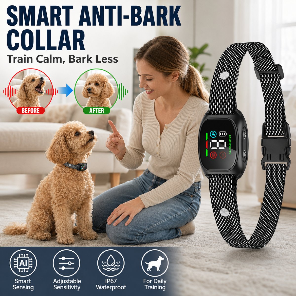 🐕🐾 Anti Bark Collar – Smart anti‑false triggering filters out other barks. IP67 waterproof & USB rechargeable – worry‑free training anywhere! 💦✅