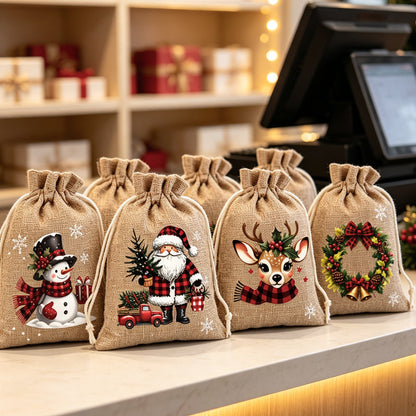 🎄 Christmas Drawstring Gift Bags‑Santa & Reindeer Polyester Pouches 🎁