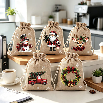 🎄 Christmas Drawstring Gift Bags‑Santa & Reindeer Polyester Pouches 🎁